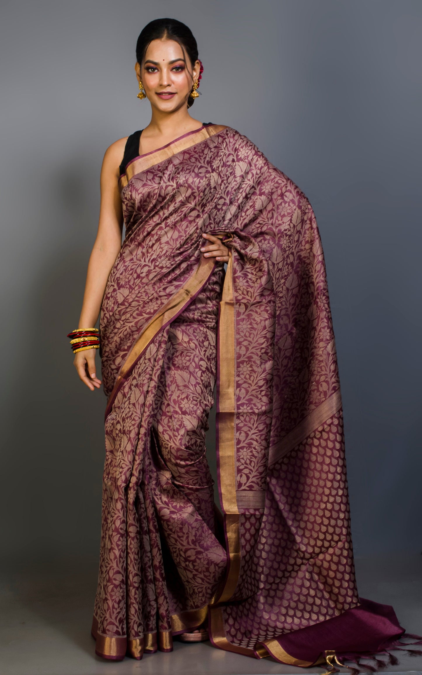 Premium Quality Tussar Silk Tanchui Brocade Saree in Orchid Purple and Muted Golden