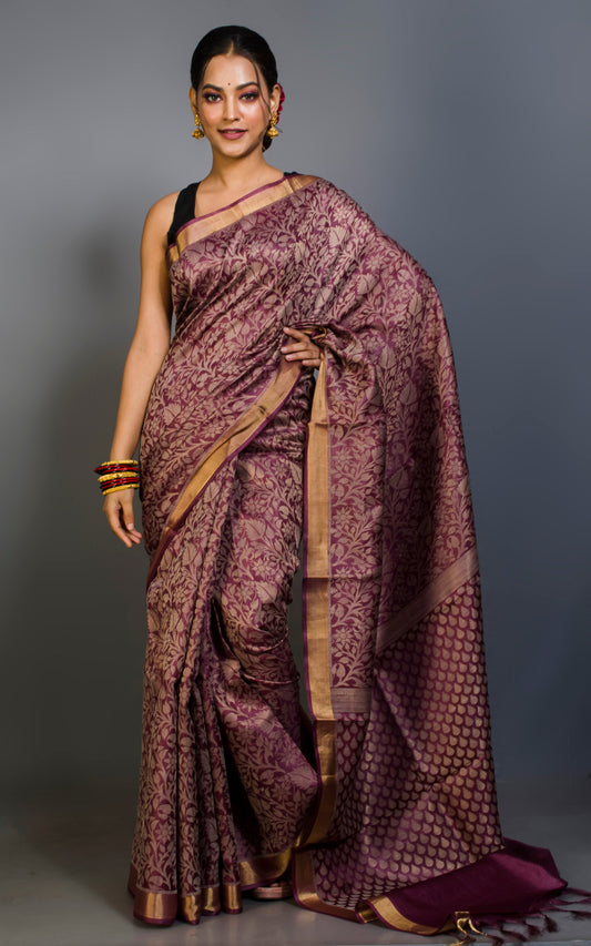 Premium Quality Tussar Silk Tanchui Brocade Saree in Orchid Purple and Muted Golden