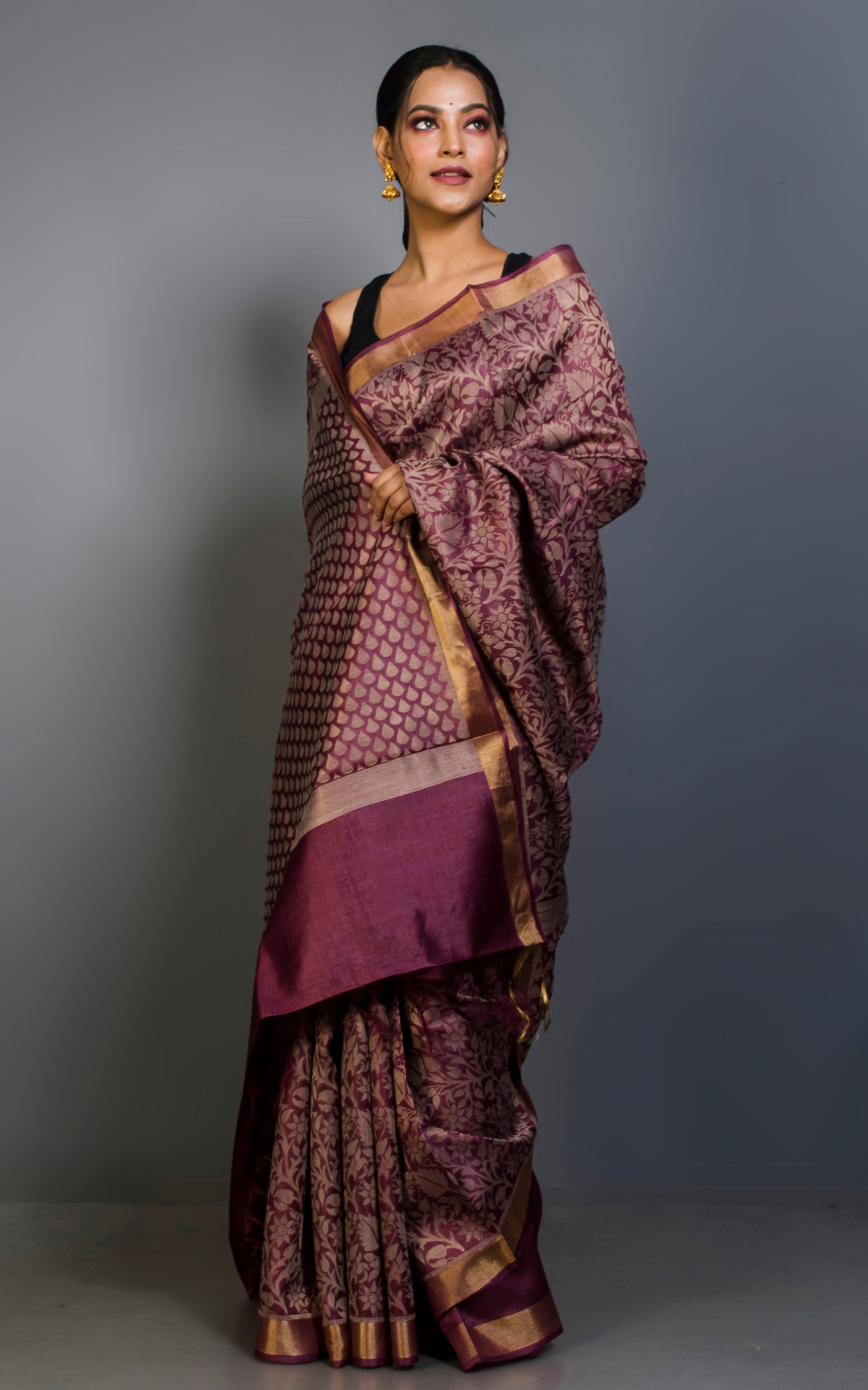 Premium Quality Tussar Silk Tanchui Brocade Saree in Orchid Purple and Muted Golden