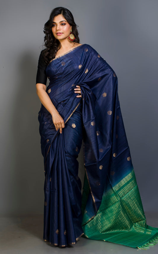 Designer Poth Tussar Silk Saree in Dark Denim Blue, Slimy Green and Antique Gold