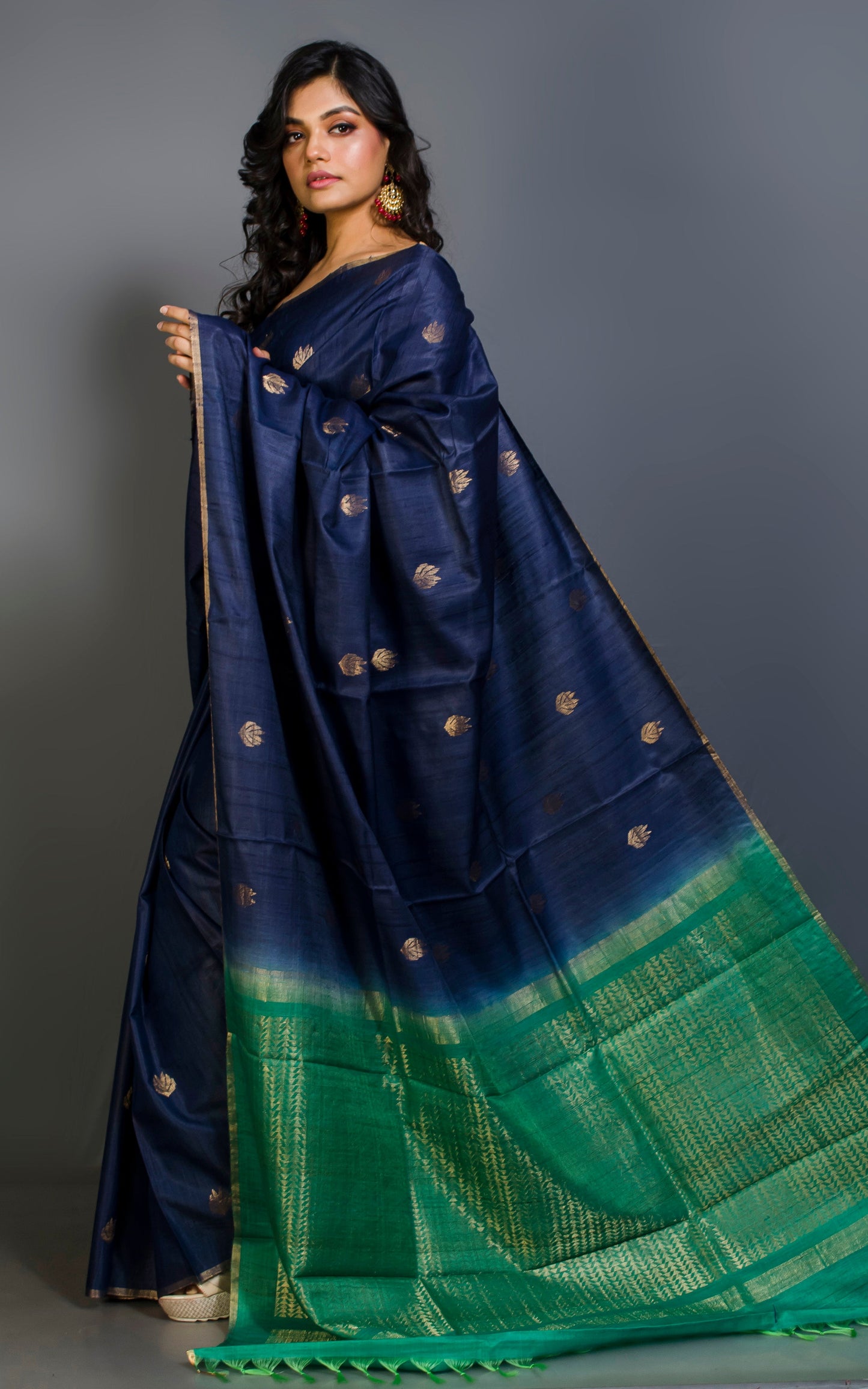 Designer Poth Tussar Silk Saree in Dark Denim Blue, Slimy Green and Antique Gold