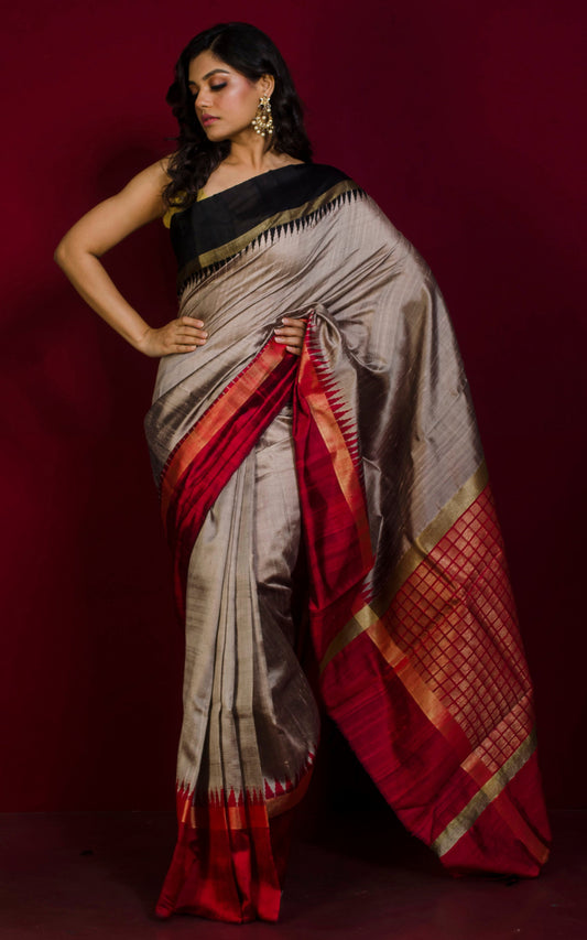 Handwoven Tussar Raw Silk Saree in Pigeon Grey, Black, Red and Matt Gold with Rich Pallu