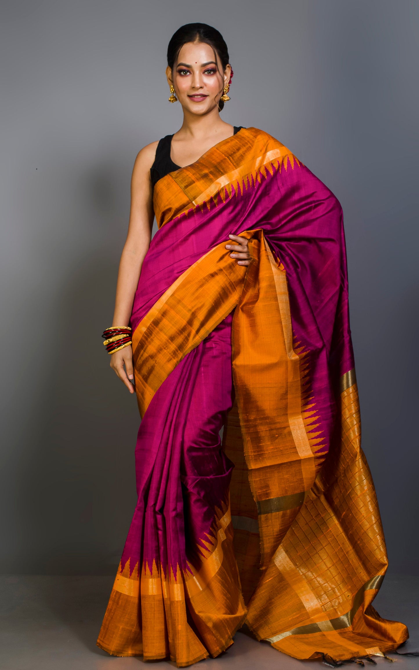 Handwoven Tussar Raw Silk Saree in Hot Pink, Ferric Orange and Matt Gold with Rich Pallu