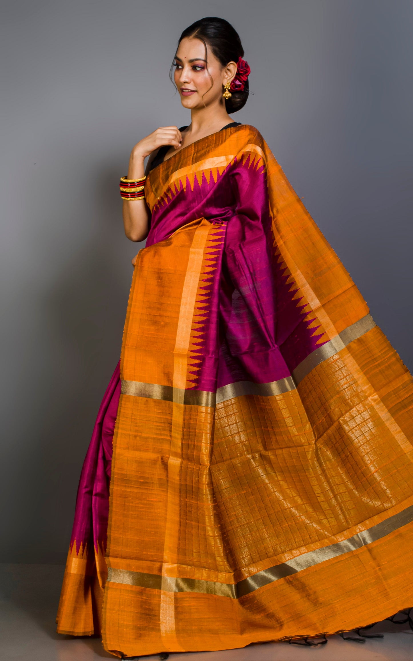 Handwoven Tussar Raw Silk Saree in Hot Pink, Ferric Orange and Matt Gold with Rich Pallu