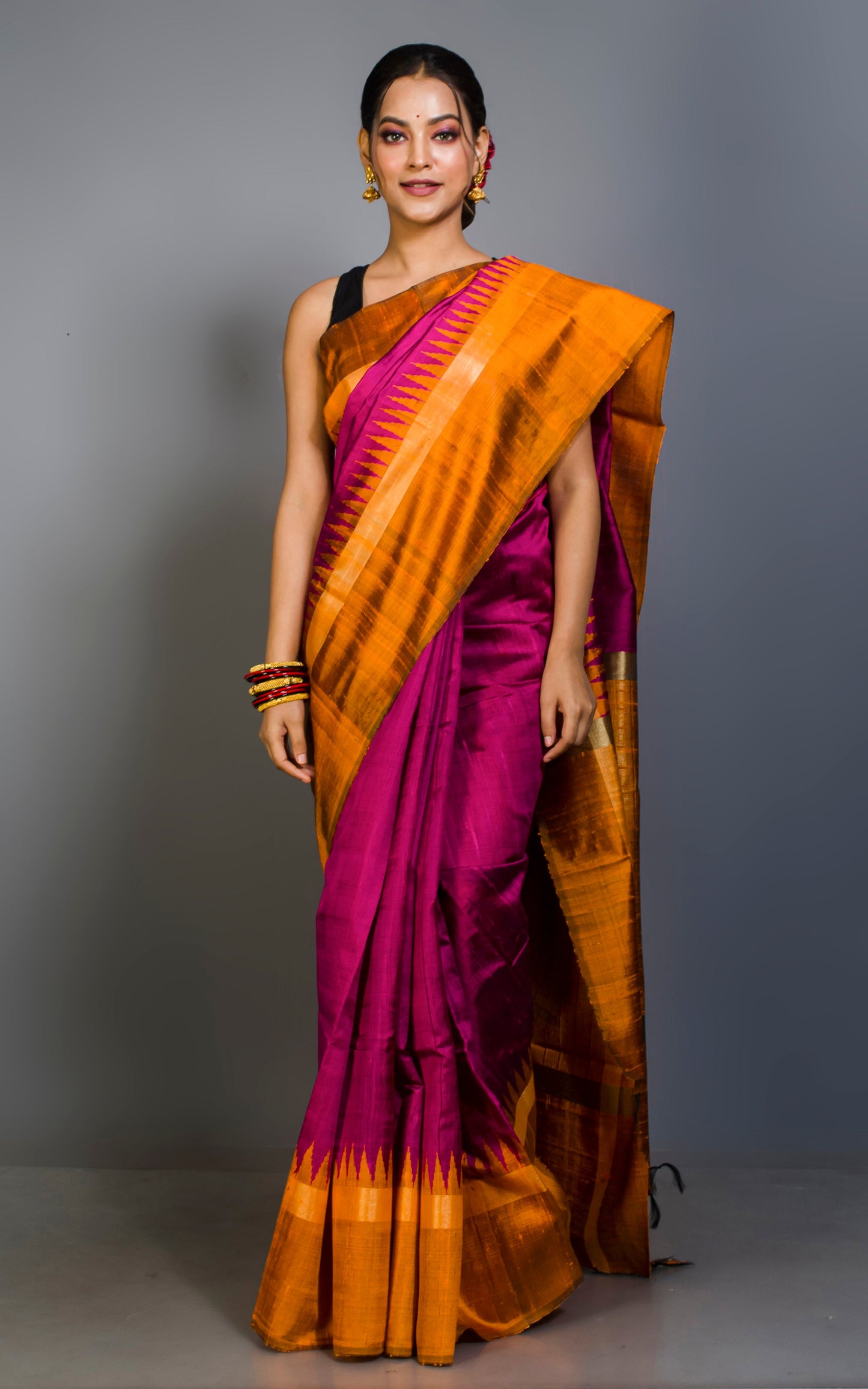 Handwoven Tussar Raw Silk Saree in Hot Pink, Ferric Orange and Matt Gold with Rich Pallu