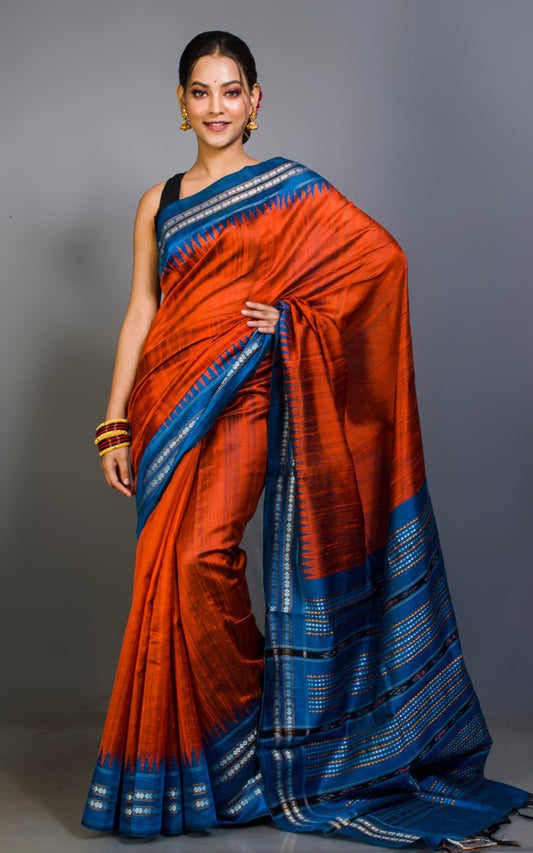 Vidarbha Tussar Raw Silk Saree in Fire Orange and Cobalt Blue