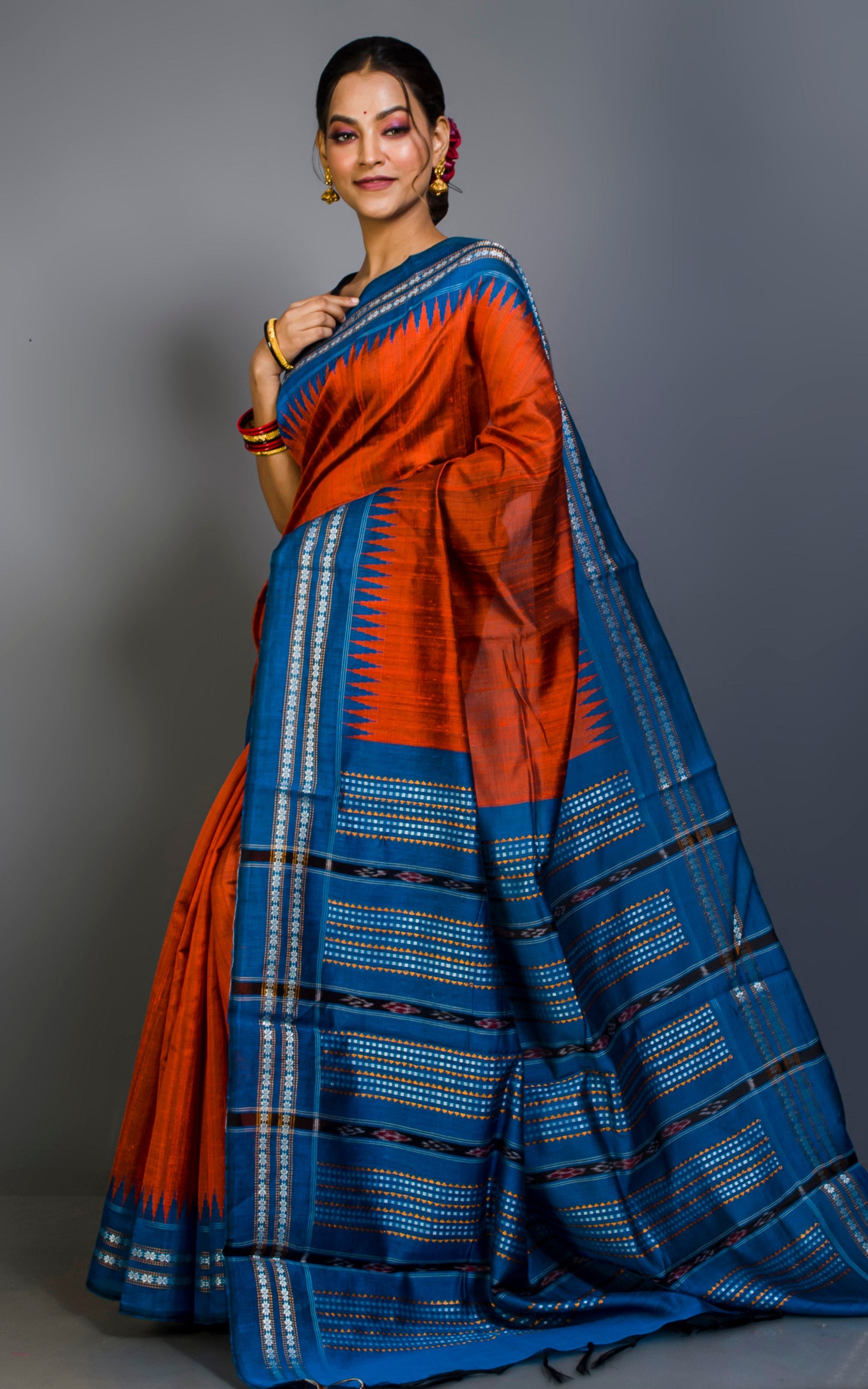 Vidarbha Tussar Raw Silk Saree in Fire Orange and Cobalt Blue