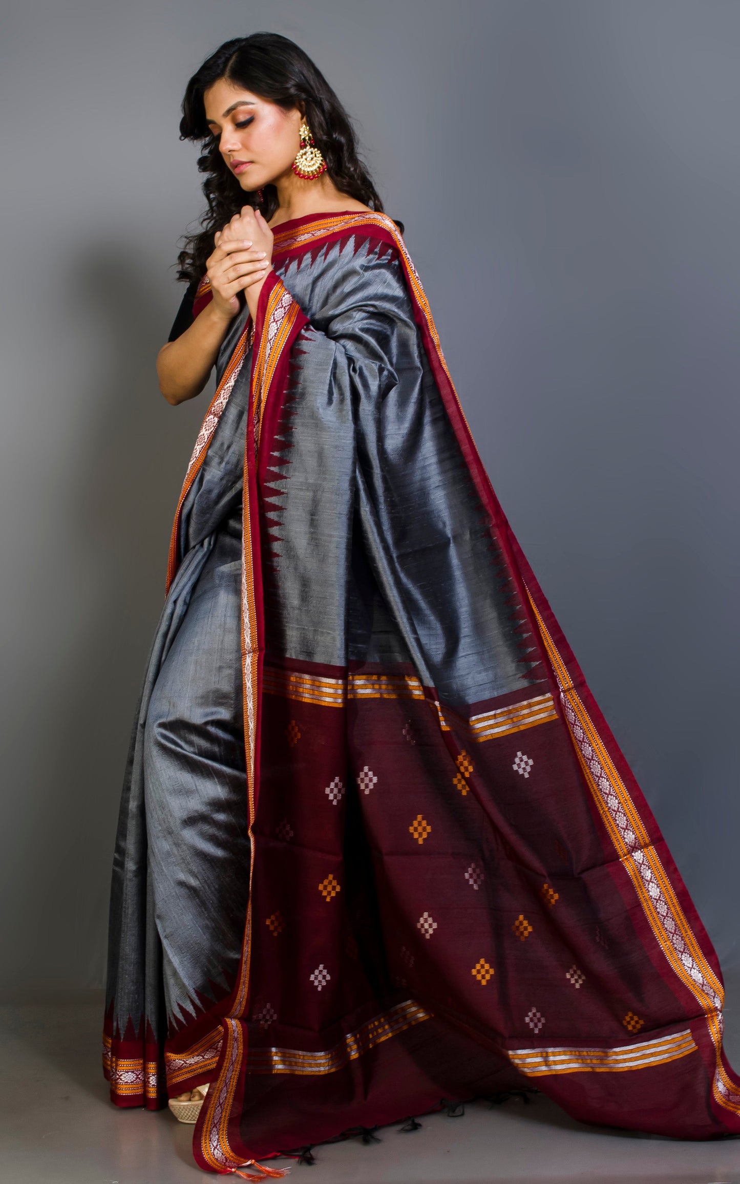 Vidarbha Tussar Raw Silk Saree in Pewter Grey, Maroon, Sunset Orange and Off White