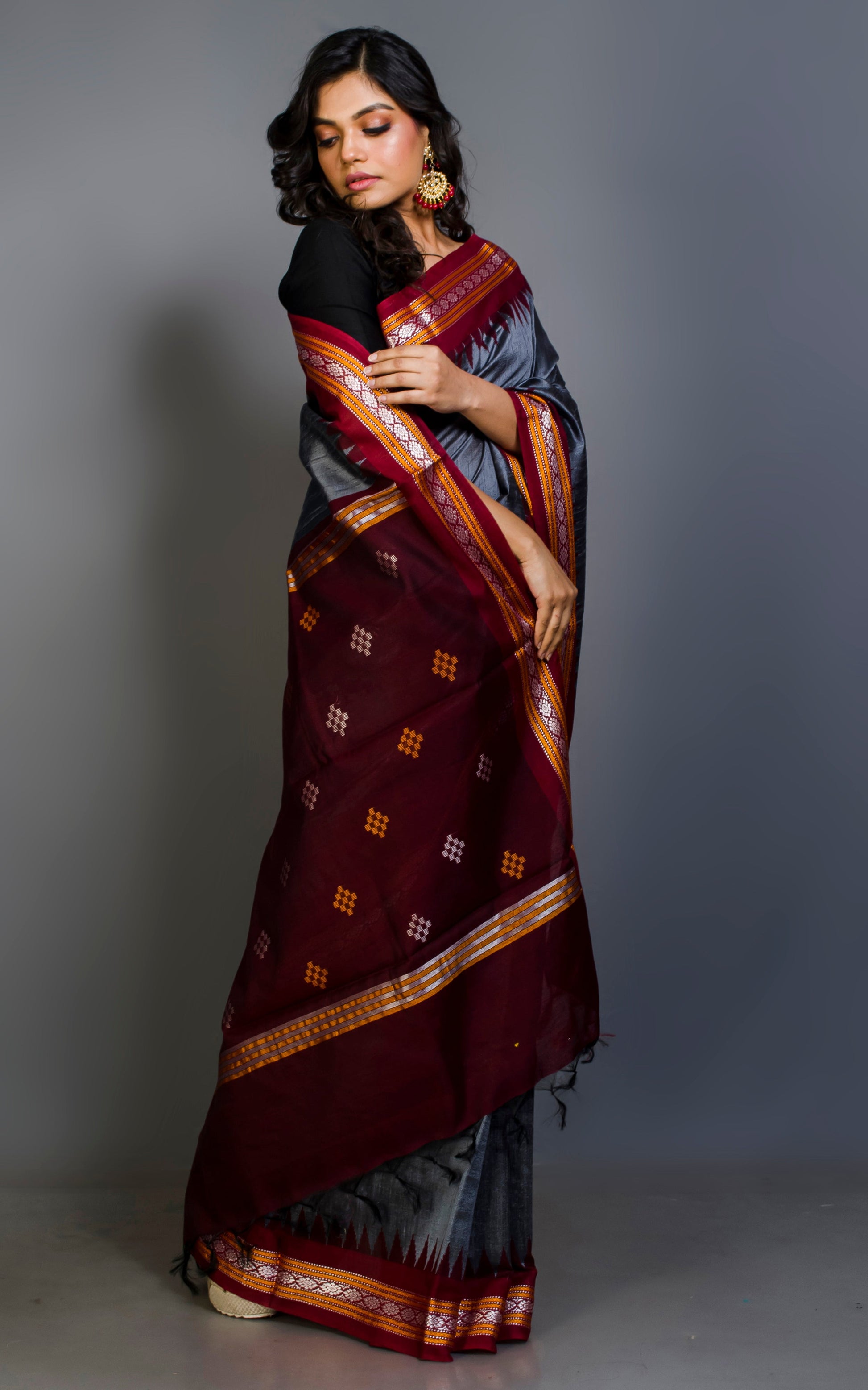 Vidarbha Tussar Raw Silk Saree in Pewter Grey, Maroon, Sunset Orange and Off White