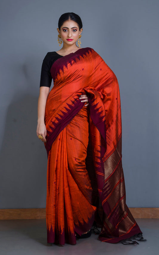 Handwoven Tussar Raw Silk Saree in Fire Orange and Maroon with Rich Pallu