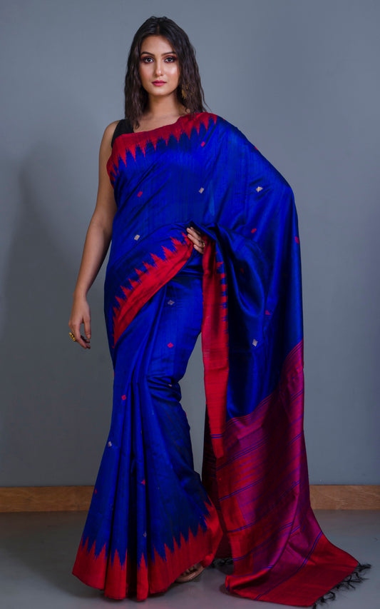 Handwoven Tussar Raw Silk Saree in Royal Blue and Dark Red