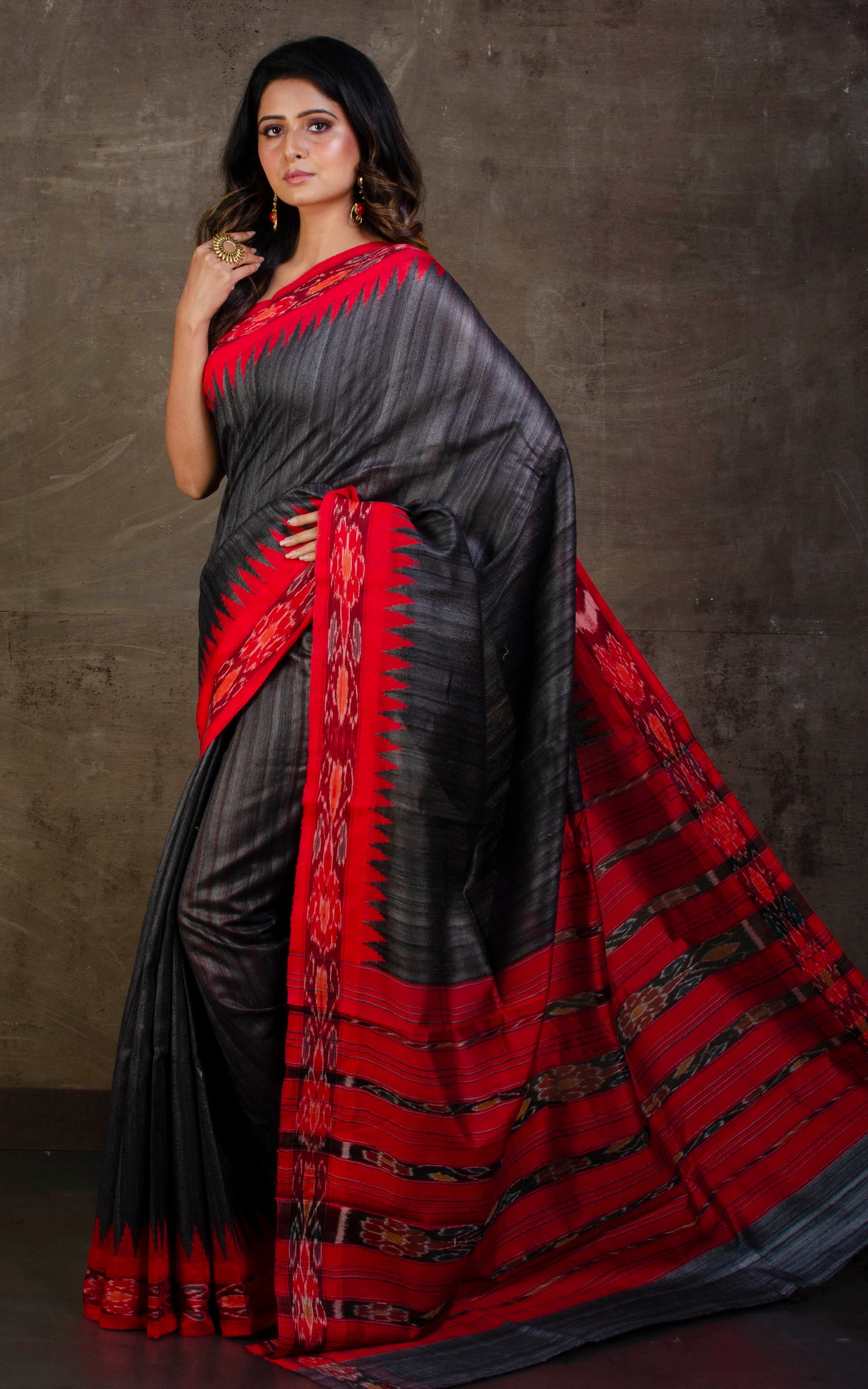 Tussar Sambalpuri Work Kotki Silk Saree in Dark Grey and Red