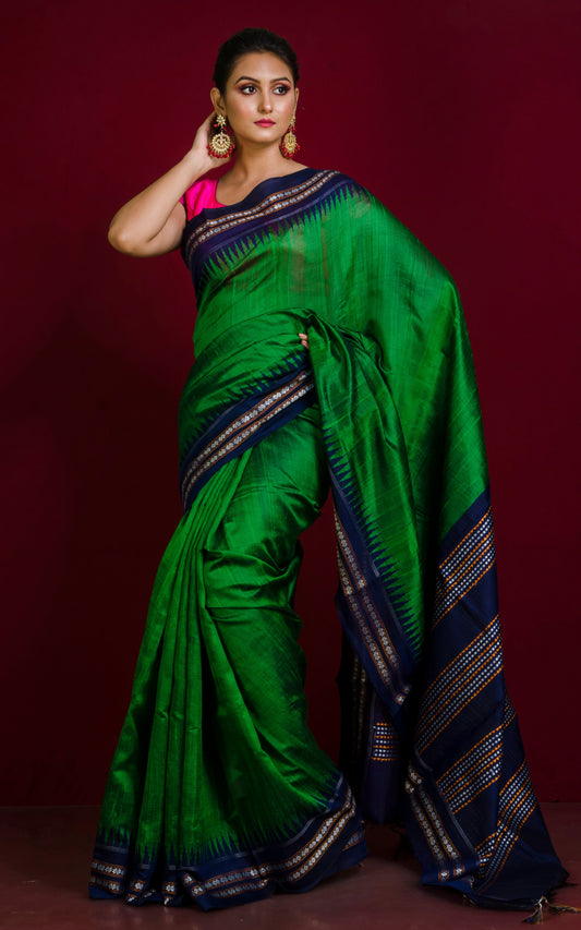 Vidarbha Tussar Raw Silk Saree in Green, Navy Blue, Off White and Orange