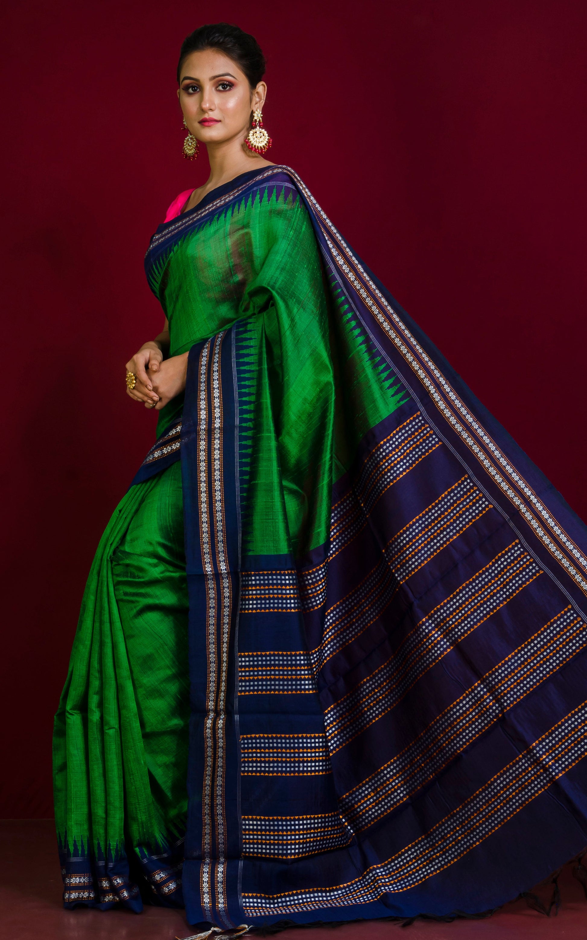 Vidarbha Tussar Raw Silk Saree in Green, Navy Blue, Off White and Orange