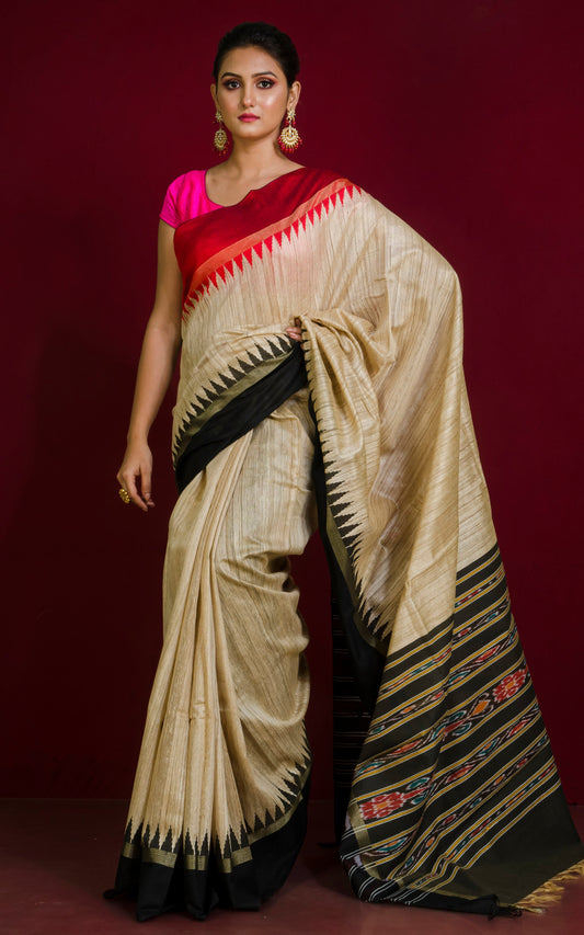 Handwoven Ganga Jamuna Border Tussar Silk Saree in Beige, Red and Black