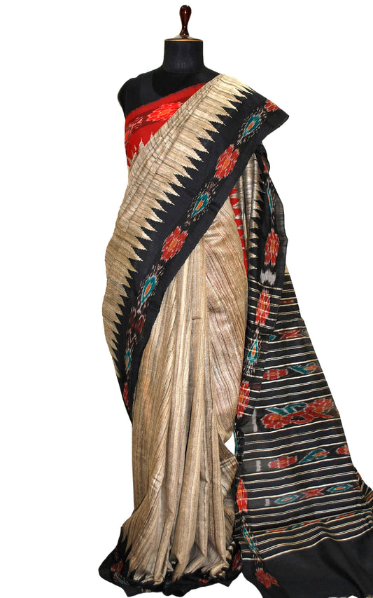 Tussar Sambalpuri Work Kotki Silk Saree in Natural Tussar with Ganga Jamuna Border