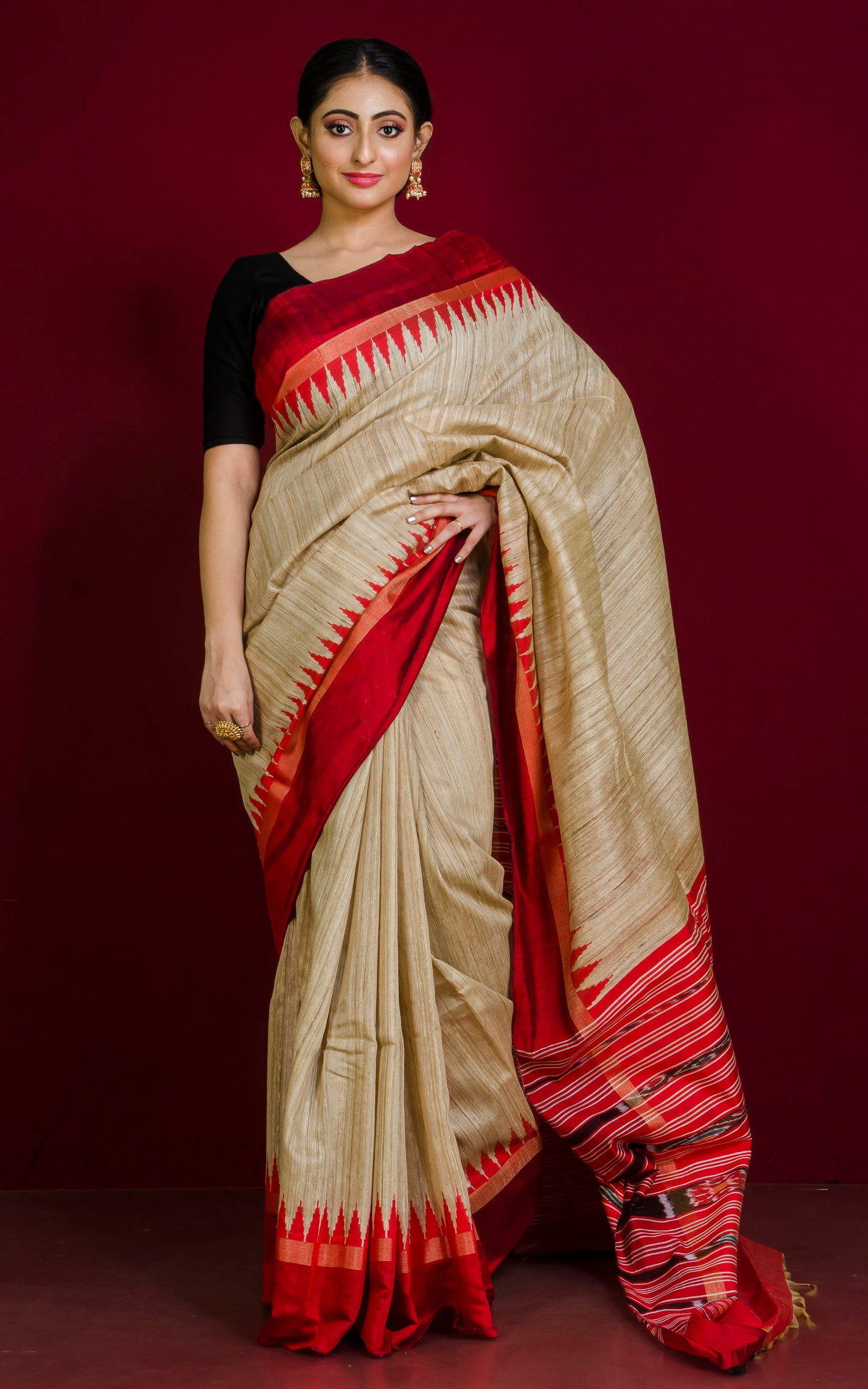 Handwoven Tussar Silk Saree in Beige, Dark Red and Black