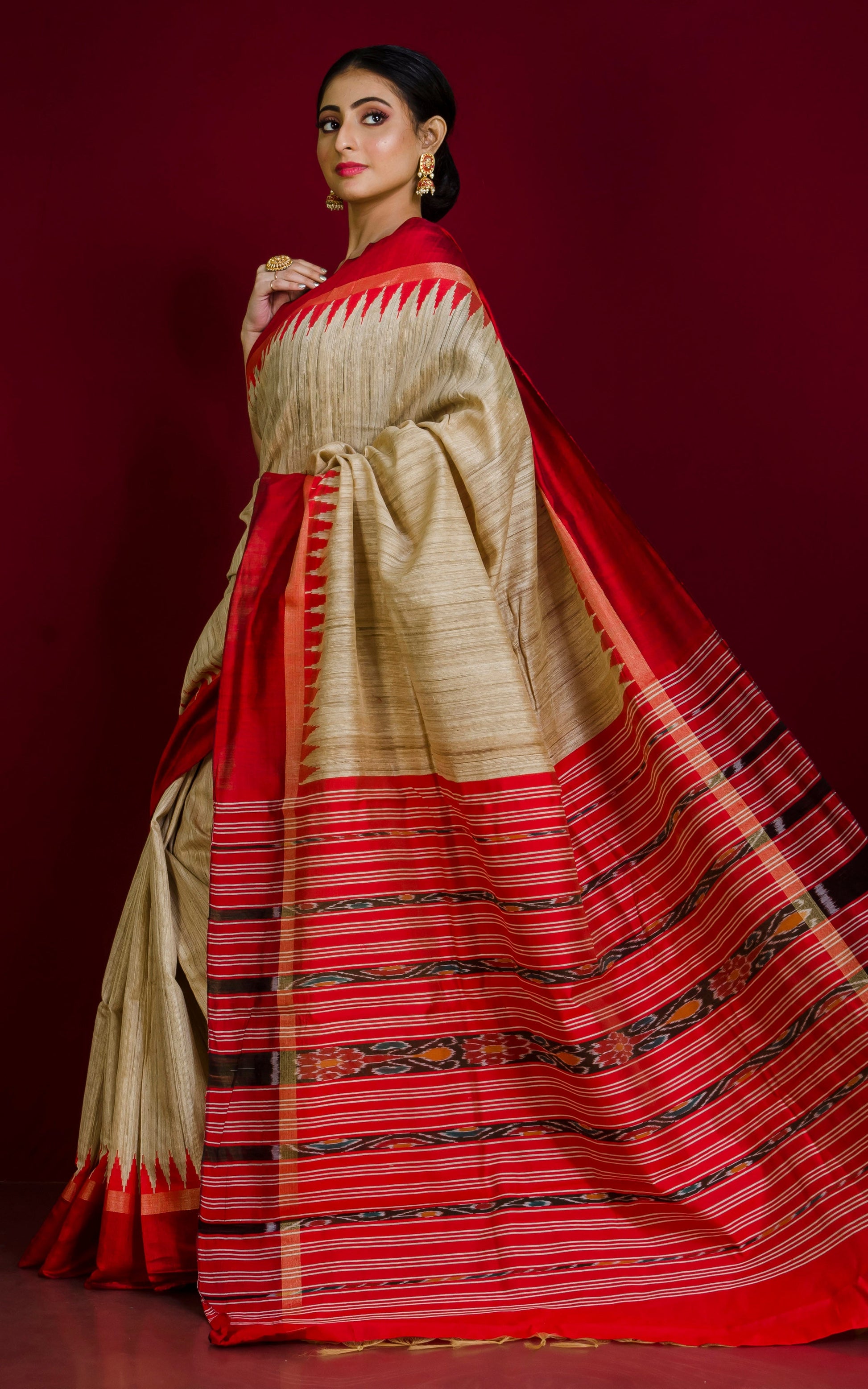 Handwoven Tussar Silk Saree in Beige, Dark Red and Black