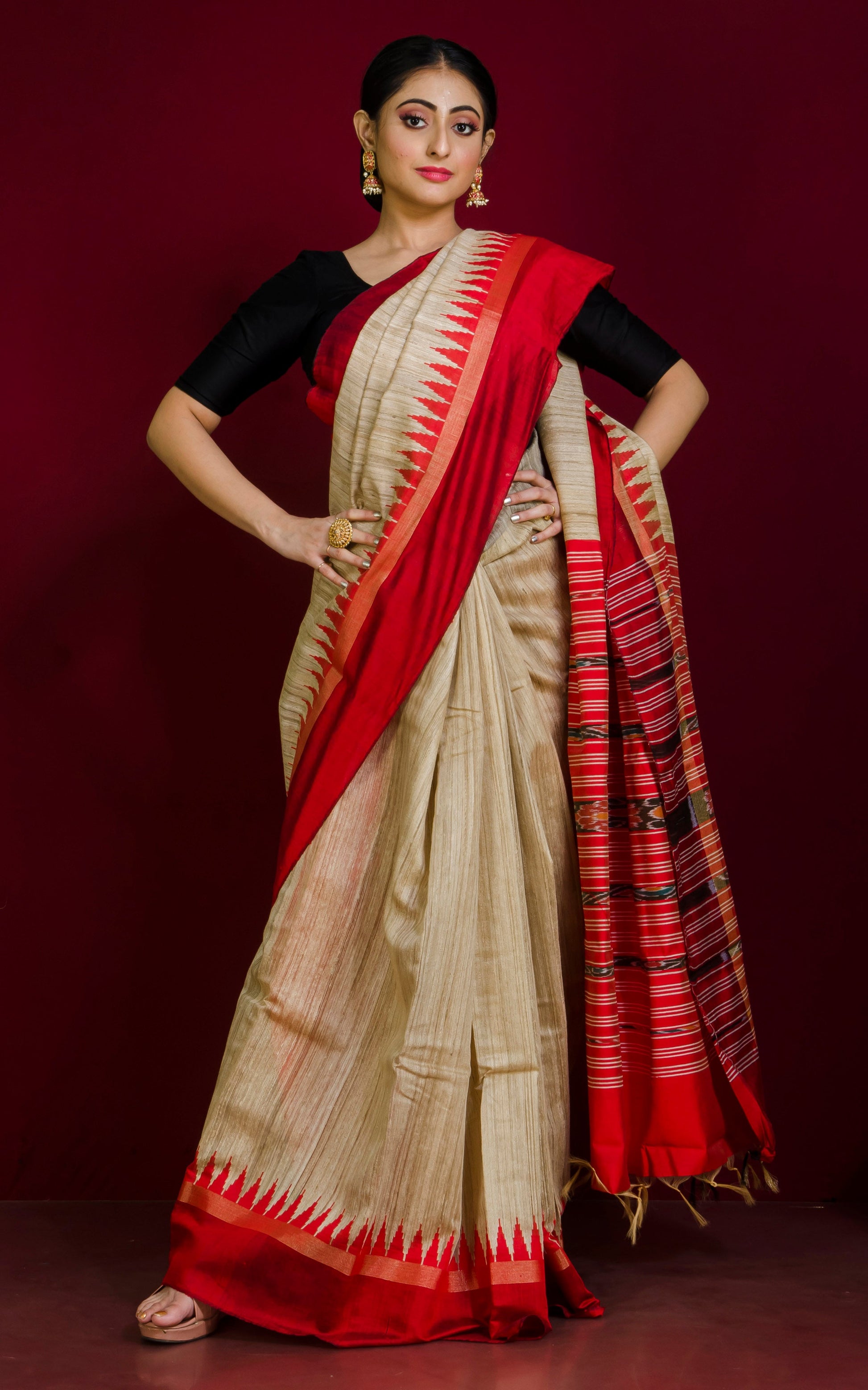 Handwoven Tussar Silk Saree in Beige, Dark Red and Black