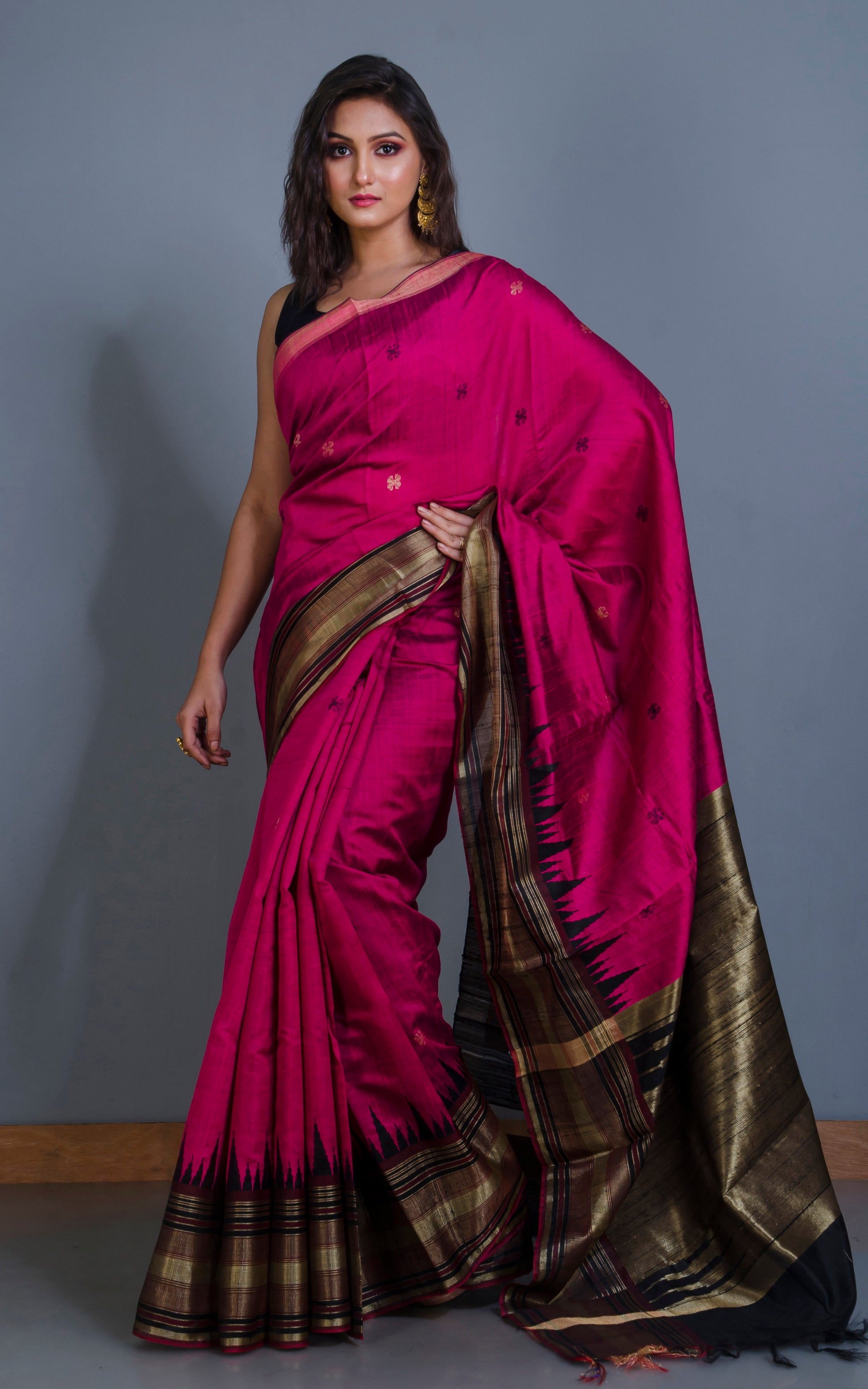 Soft Handwoven Tussar Raw Silk Saree in Hot Pink, Mahogany Brown and Brush Gold with Rich Pallu