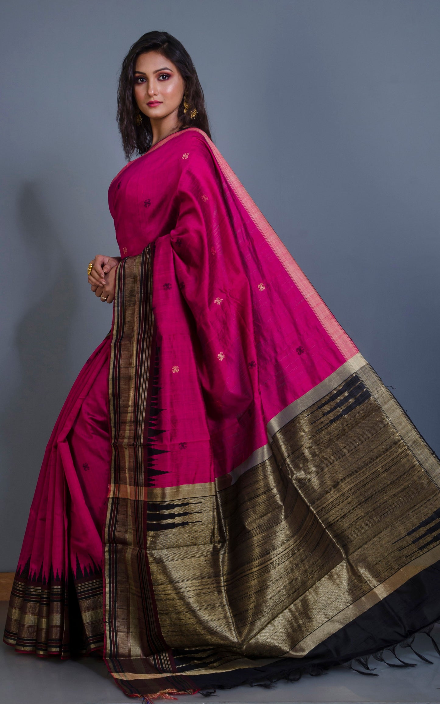 Soft Handwoven Tussar Raw Silk Saree in Hot Pink, Mahogany Brown and Brush Gold with Rich Pallu