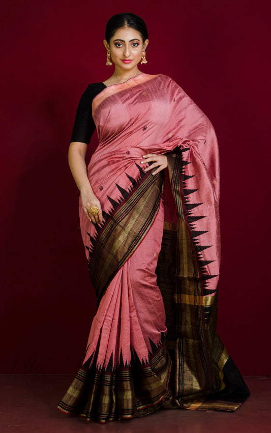 Soft Handwoven Tussar Raw Silk Saree in Flamingo Pink, Mahogany Brown and Brush Gold with Rich Pallu