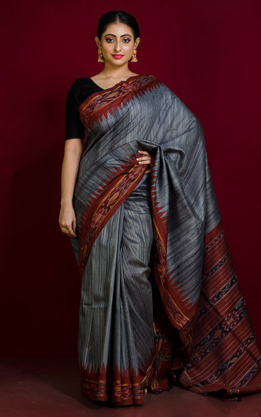 Tussar Sambalpuri Work Kotki Silk Saree in Charcoal Grey and Mocha Brown