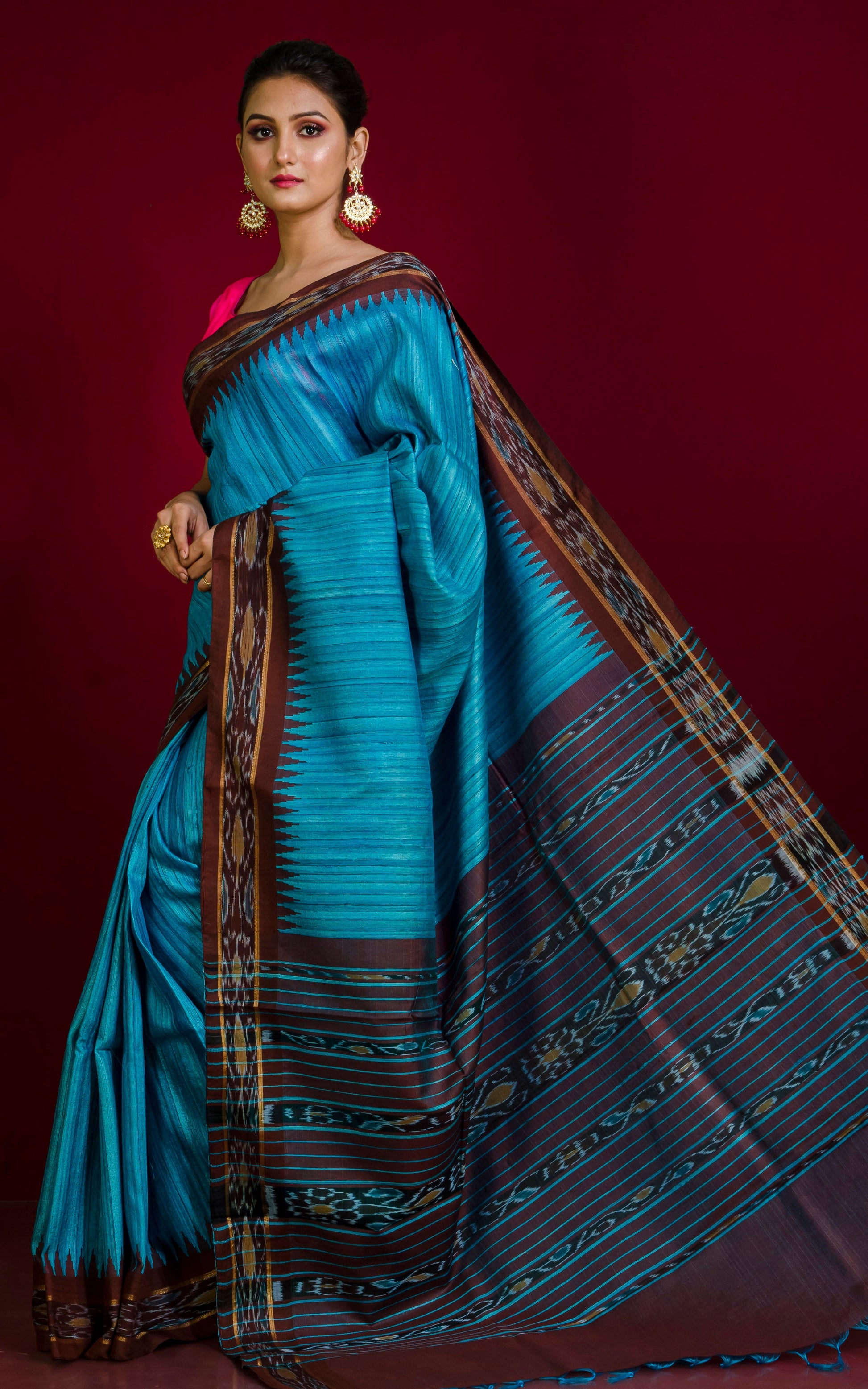 Tussar Sambalpuri Work Kotki Silk Saree in Cerulean Blue and Mocha Brown