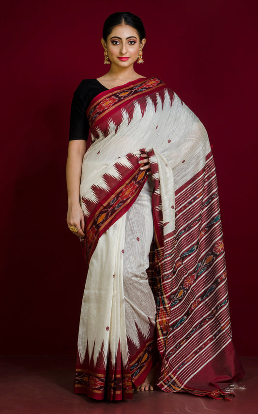 Tussar Sambalpuri Work Kotki Silk Saree in Off white, Maroon and Multicolored