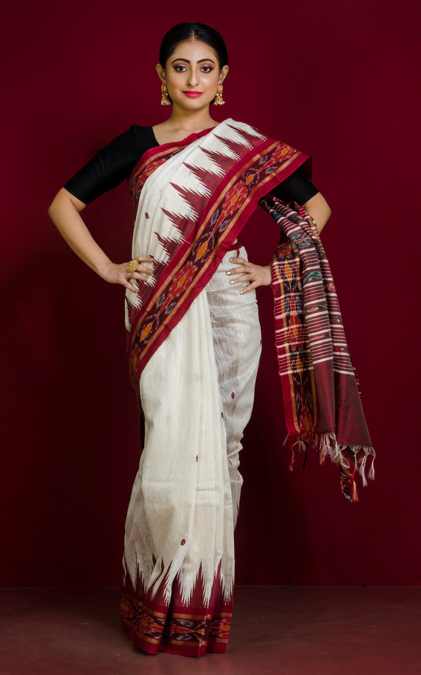 Tussar Sambalpuri Work Kotki Silk Saree in Off white, Maroon and Multicolored