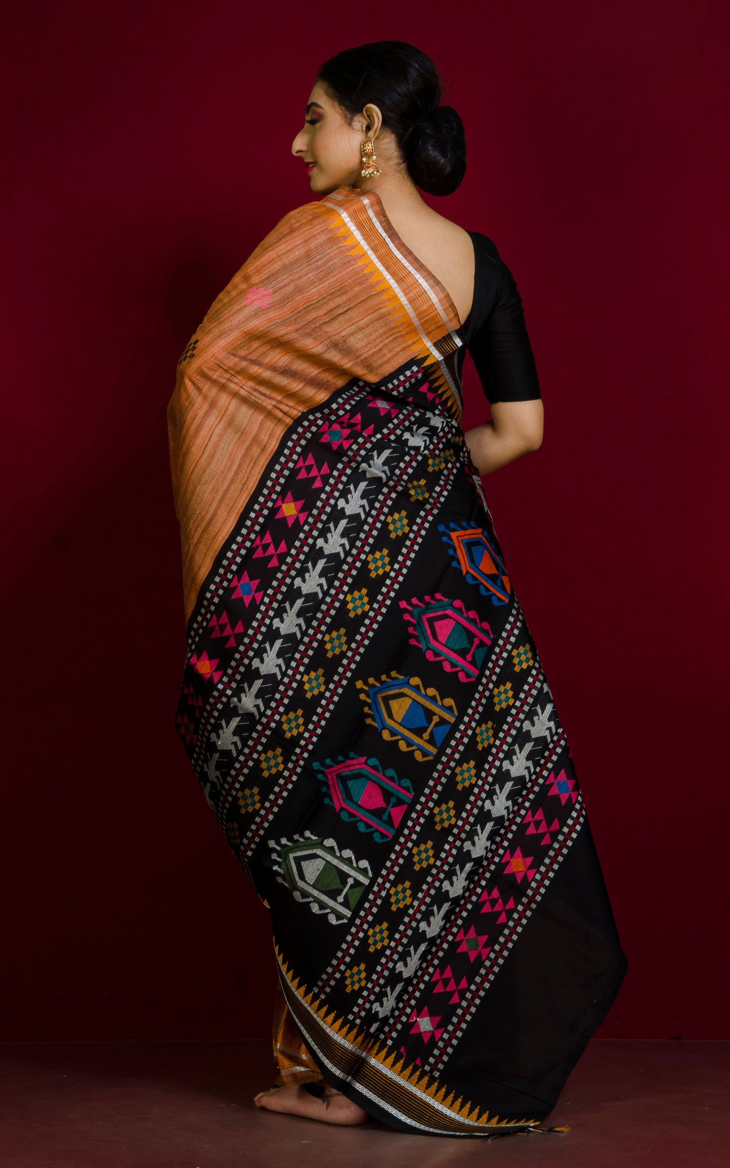 Dolabedi Work Tussar Silk Saree in Brown, Black and Multicolored Thread Work