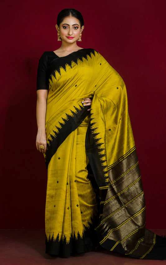 Handwoven Tussar Raw Silk Saree in Munsell Yellow and Black with Rich Pallu