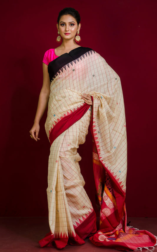 Dolabedi Woven Checks Work Tussar Silk Saree in Beige, Black, Red and Multicolored Thread Work
