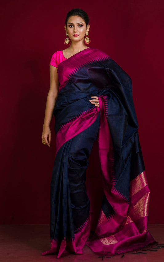 Handwoven Tussar Raw Silk Saree in Midnight Blue and Magenta with Rich Pallu