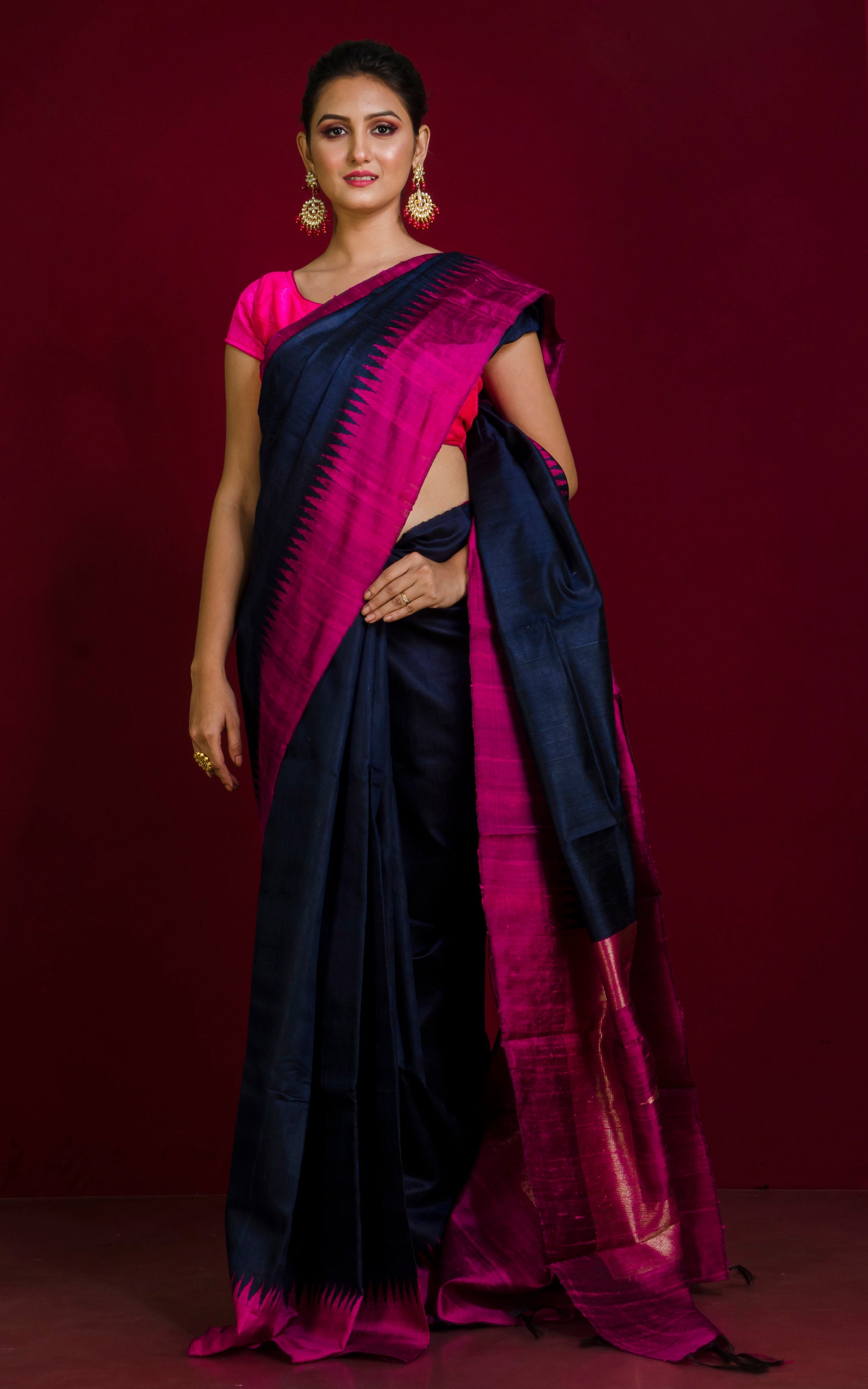 Handwoven Tussar Raw Silk Saree in Midnight Blue and Magenta with Rich Pallu