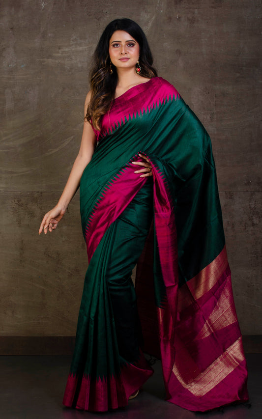 Handwoven Tussar Raw Silk Saree in Phthalo Green and Magenta with Rich Pallu