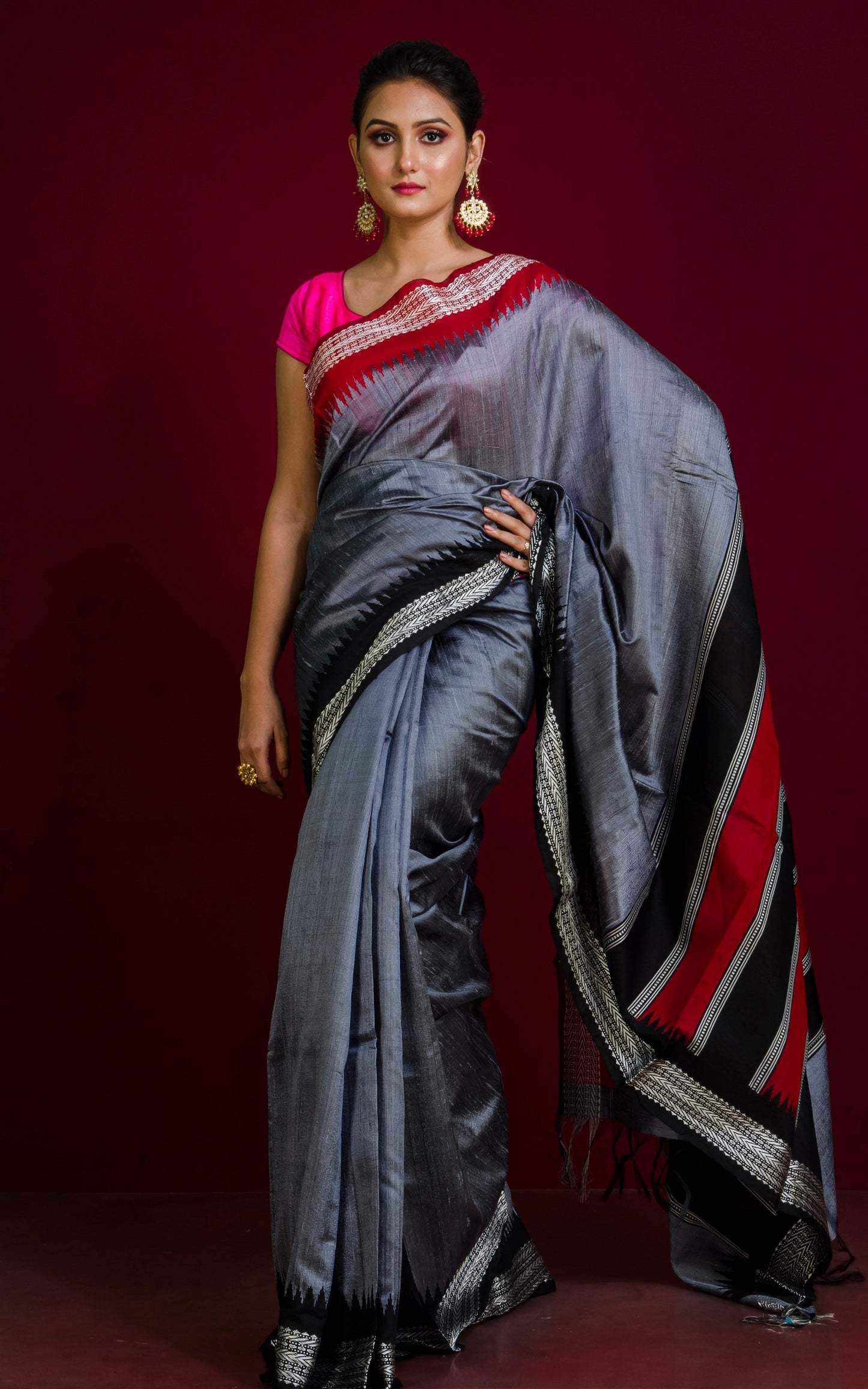 Vidarbha Tussar Raw Silk Saree in Gray, Dark Red, Black and Off White