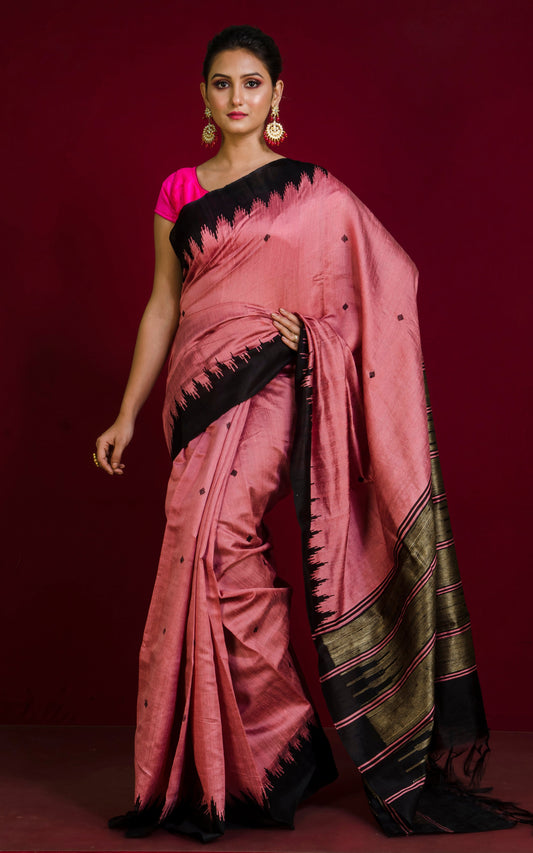 Handwoven Tussar Raw Silk Saree in Rose Pink and Black with Rich Pallu