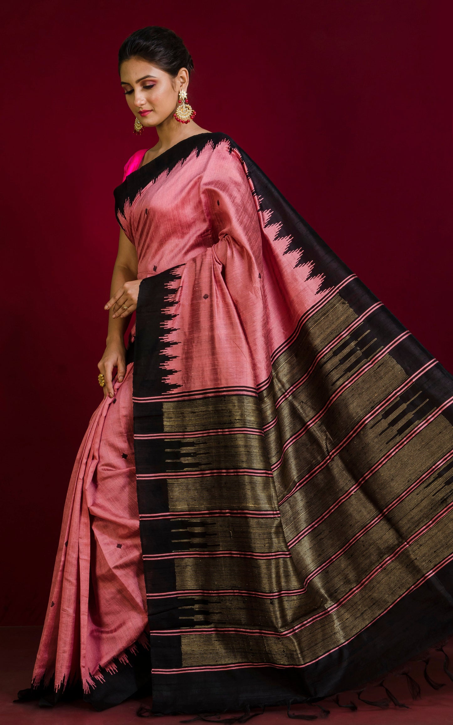 Handwoven Tussar Raw Silk Saree in Rose Pink and Black with Rich Pallu