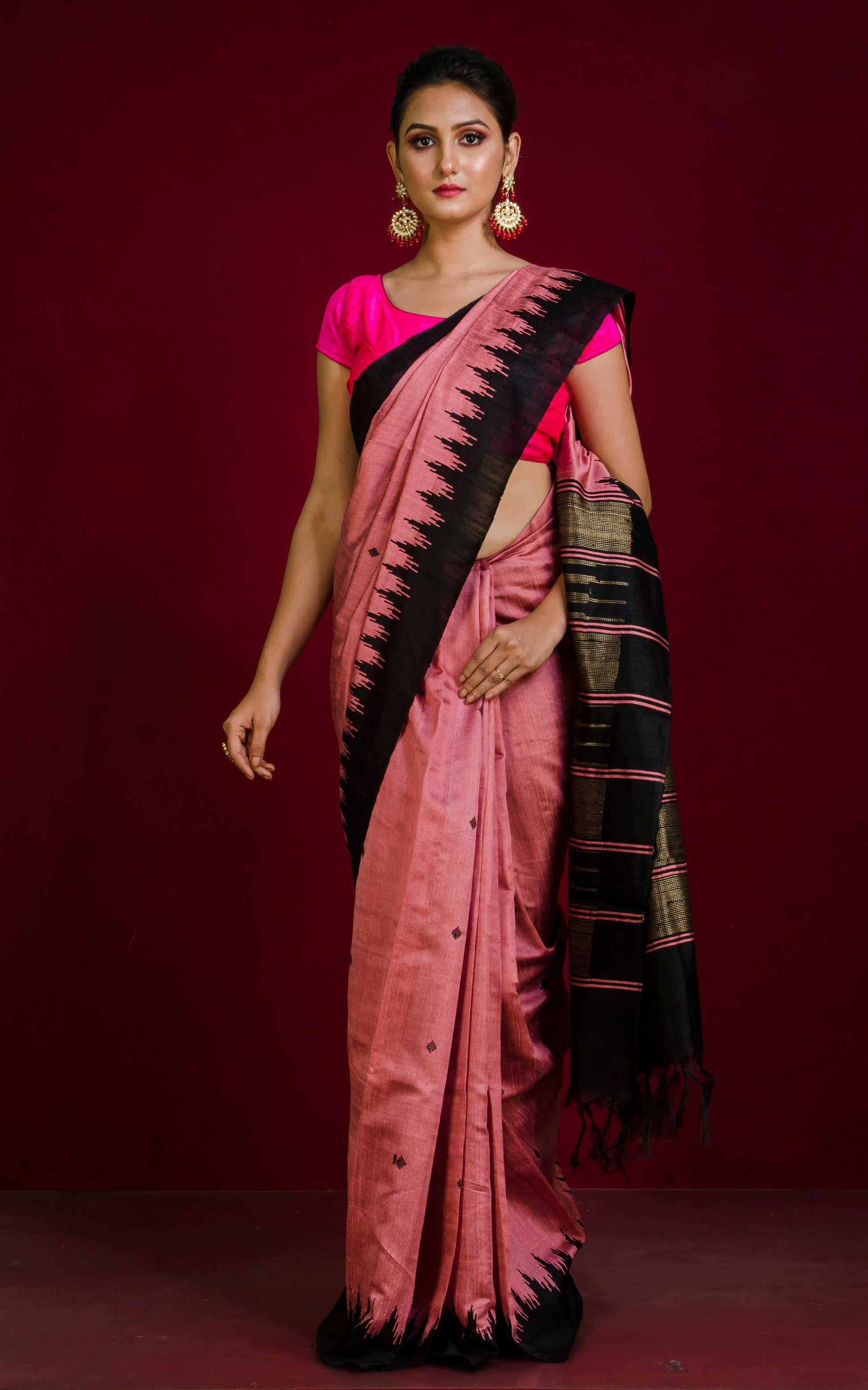 Handwoven Tussar Raw Silk Saree in Rose Pink and Black with Rich Pallu