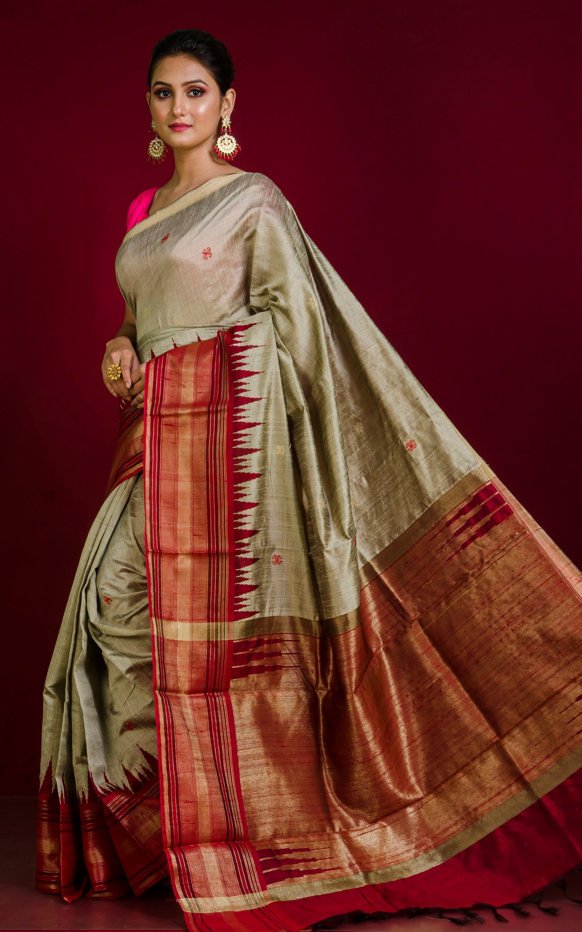 Soft Handwoven Tussar Raw Silk Saree in Khaki, Maroon and Brush Gold with Rich Pallu