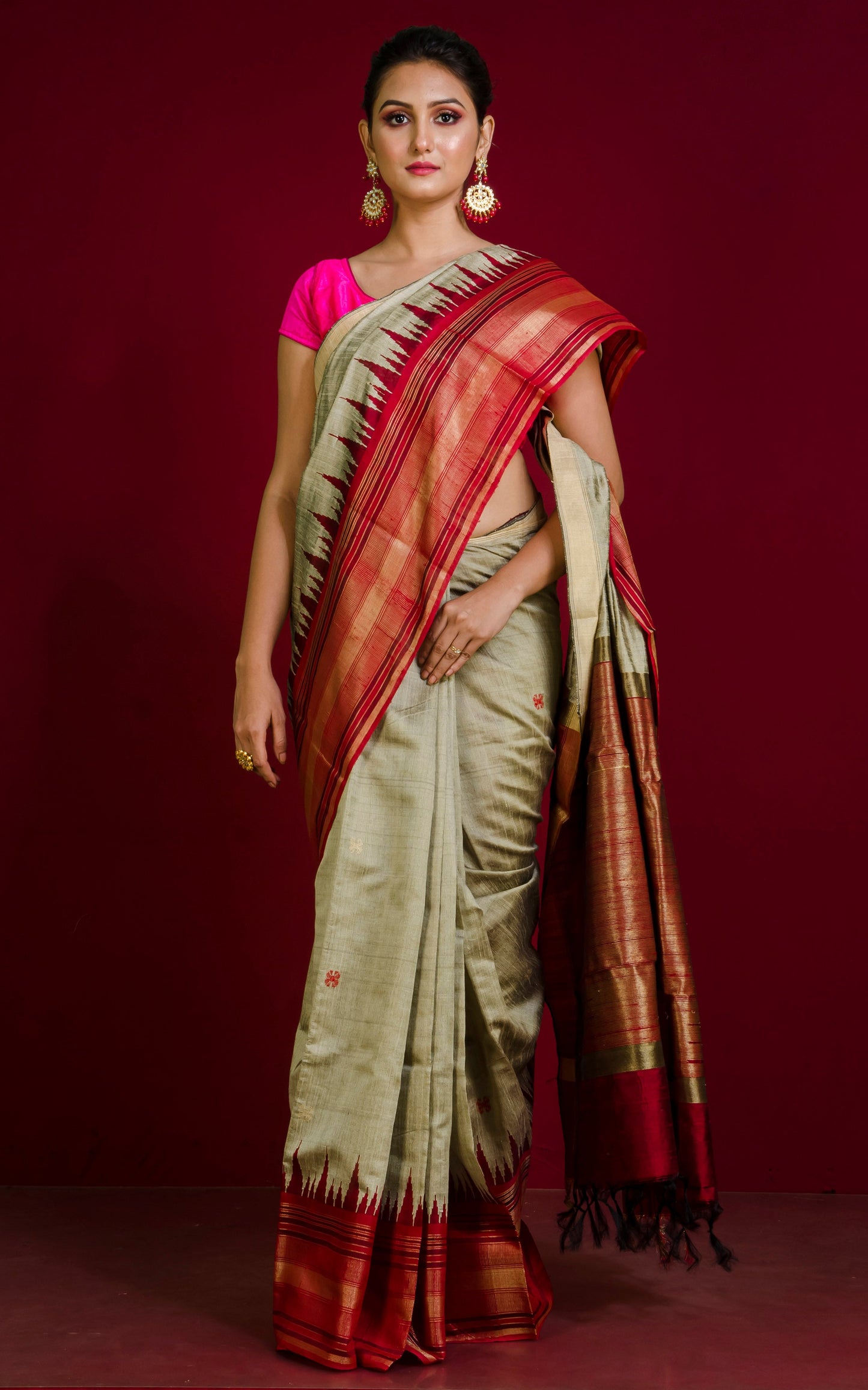 Soft Handwoven Tussar Raw Silk Saree in Khaki, Maroon and Brush Gold with Rich Pallu