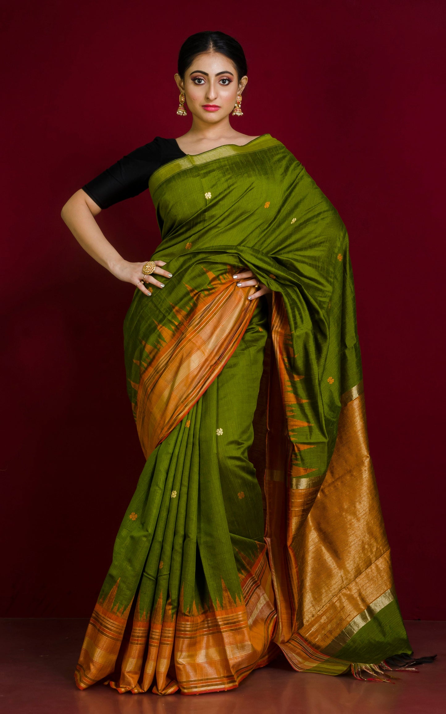 Soft Handwoven Tussar Raw Silk Saree in Olive Green, Orange and Brush Gold with Rich Pallu