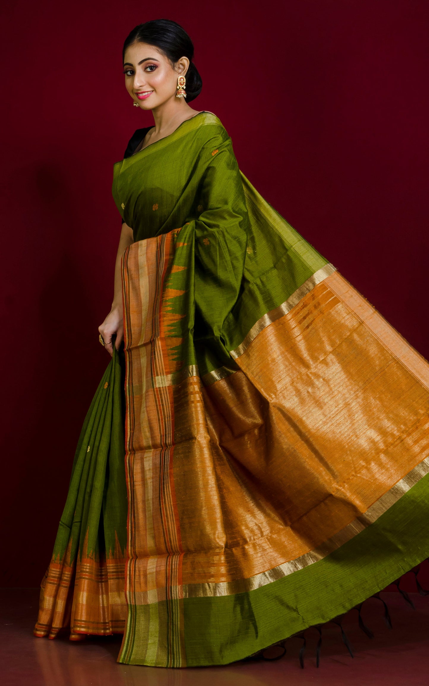 Soft Handwoven Tussar Raw Silk Saree in Olive Green, Orange and Brush Gold with Rich Pallu