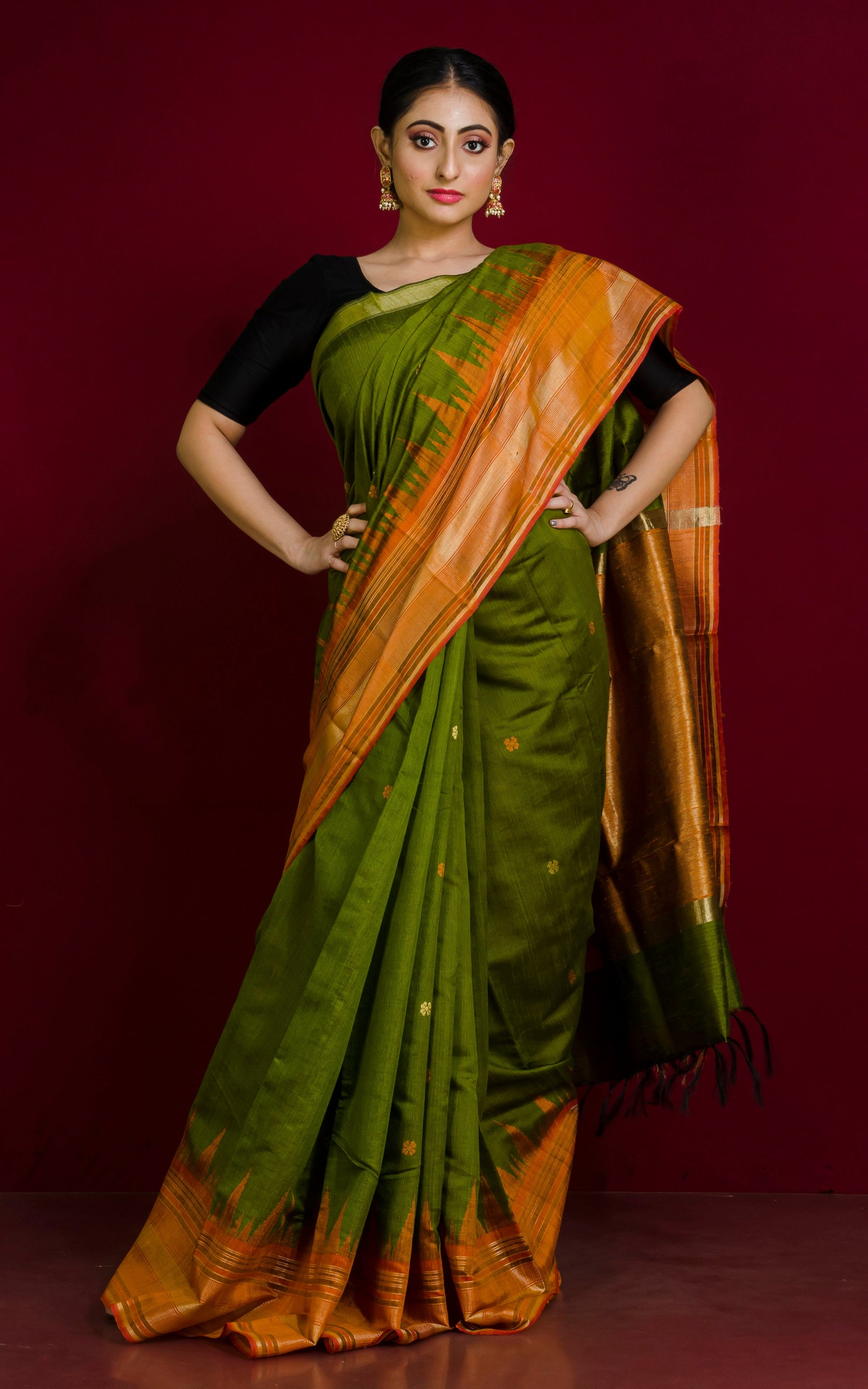 Soft Handwoven Tussar Raw Silk Saree in Olive Green, Orange and Brush Gold with Rich Pallu