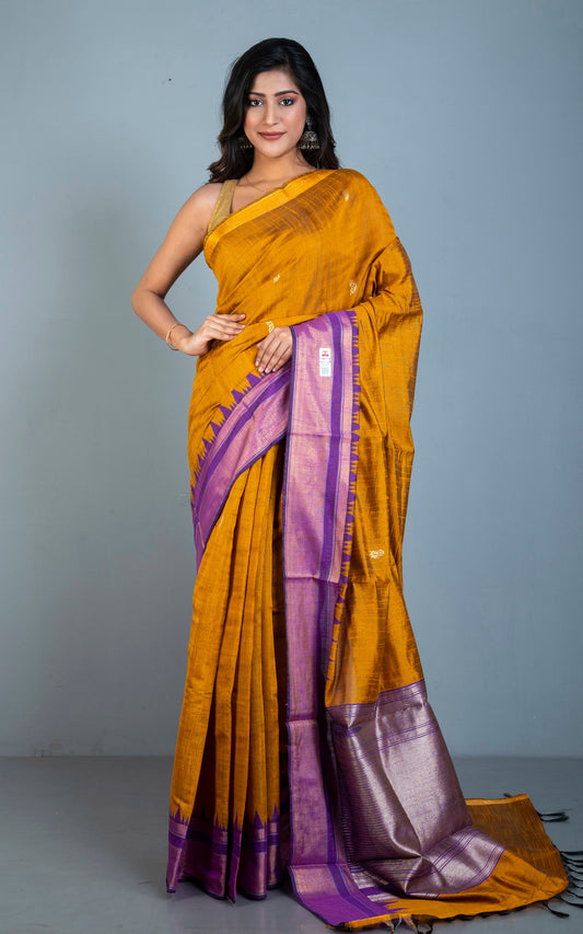 Handwoven Crowned Temple Border Tussar Raw Silk Saree in Mustard Golden and Purple with Rich Pallu