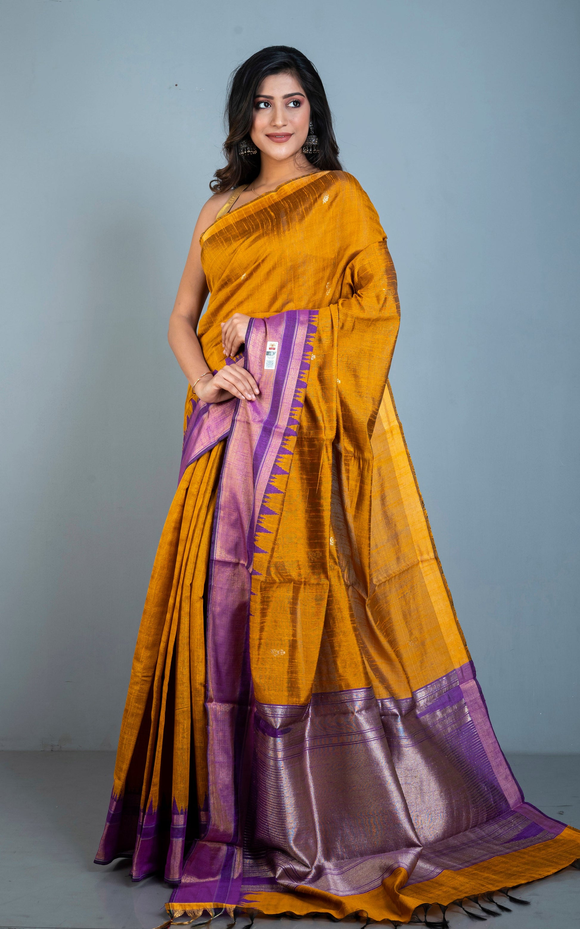 Handwoven Crowned Temple Border Tussar Raw Silk Saree in Mustard Golden and Purple with Rich Pallu