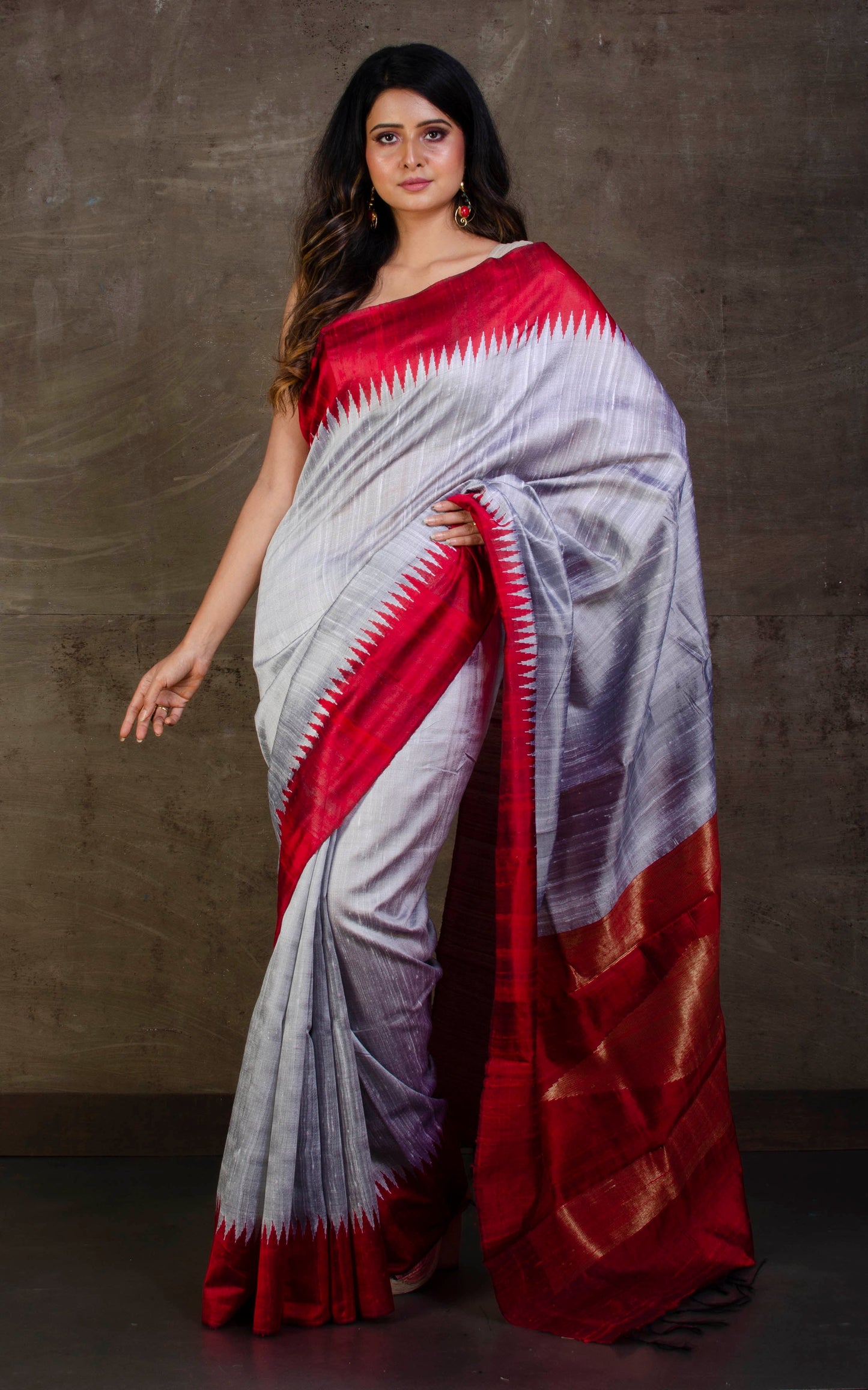 Handwoven Tussar Raw Silk Saree in Cloud Grey and Maroon with Rich Pallu