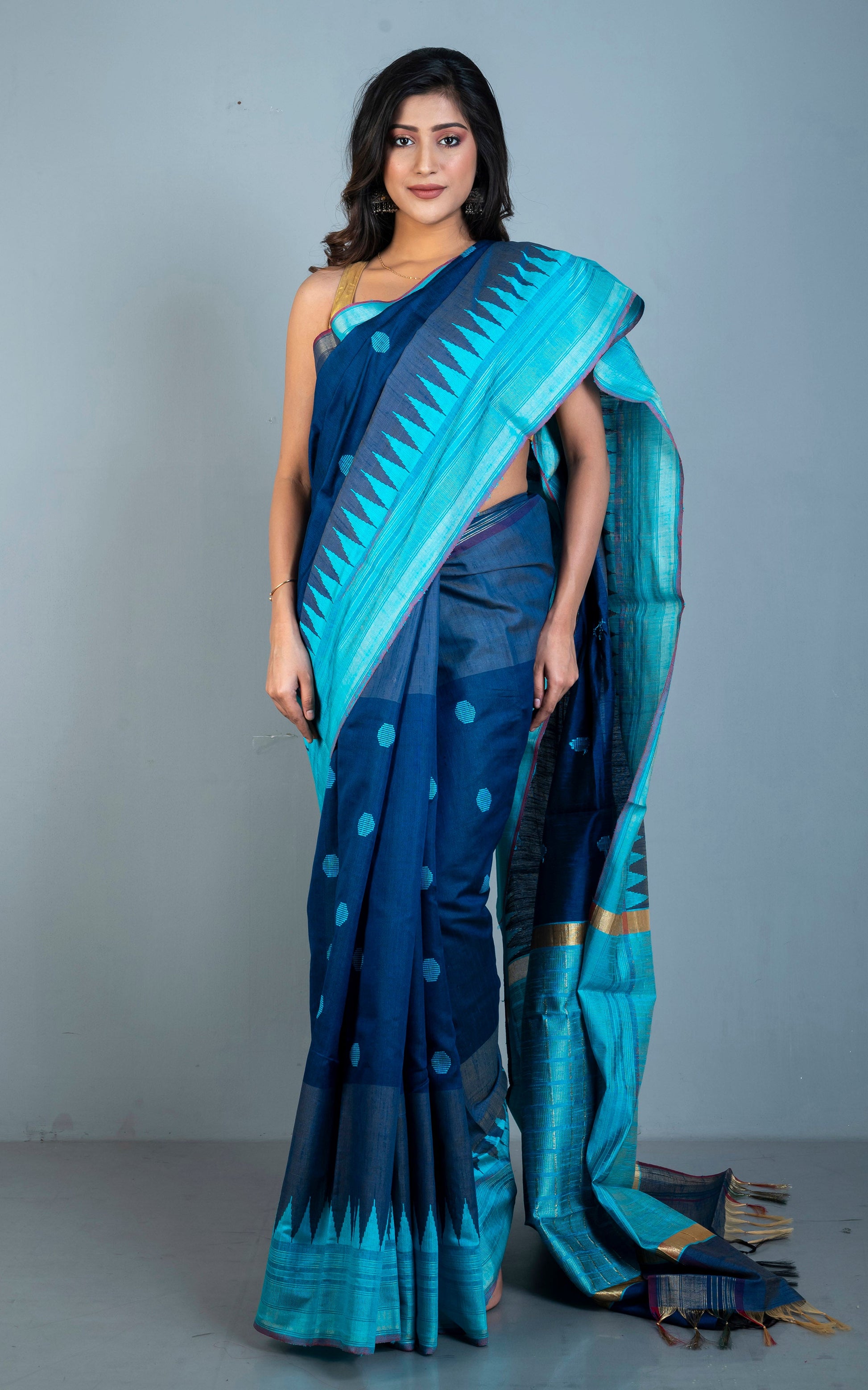 Dual Tone Dupion Raw Silk Saree in Denim Blue and Cyan Blue with Rich Pallu