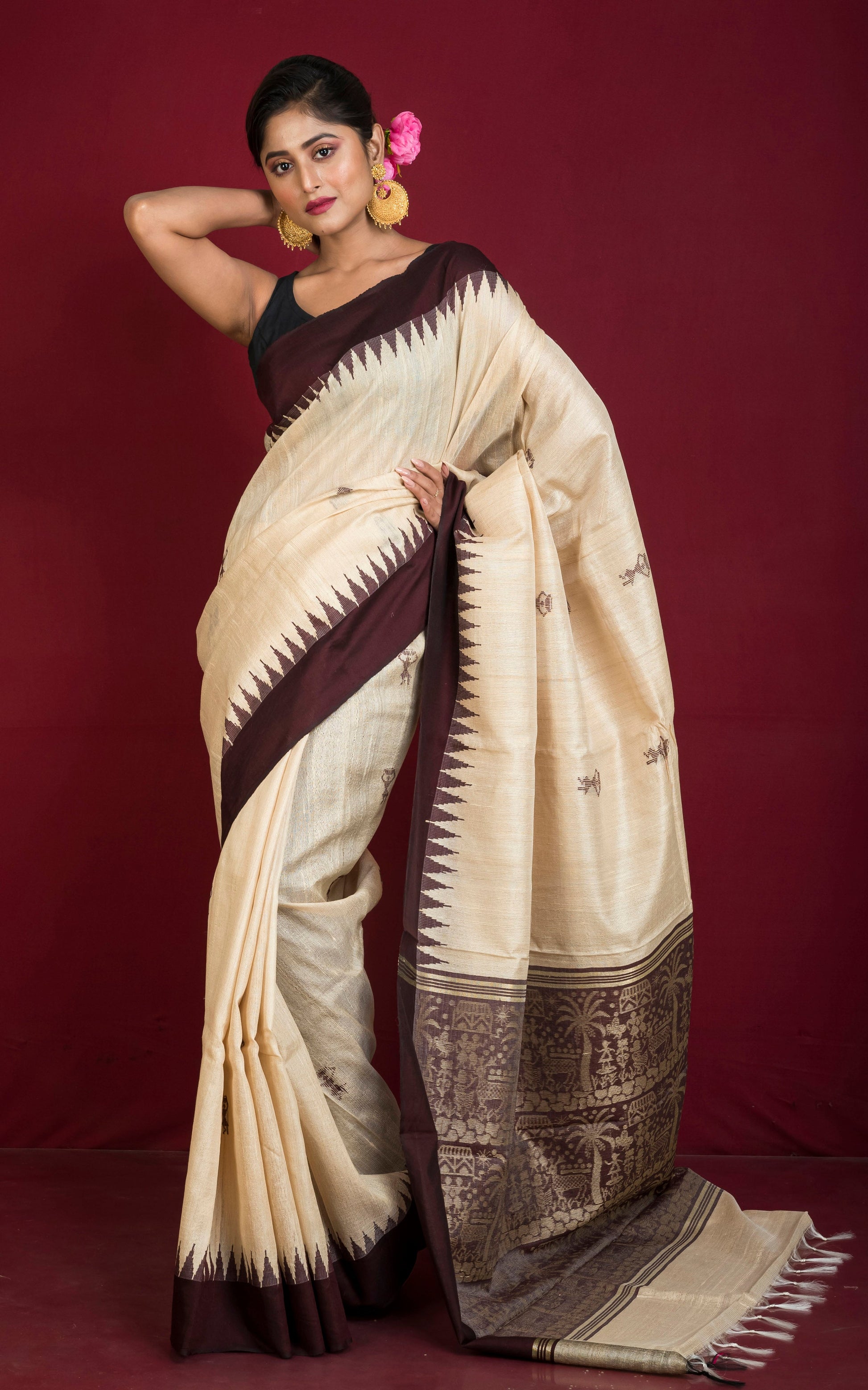 Dolabedi Warli Work Tussar Silk Saree in Parmesan, Mahogany Brown and Muted Gold Zari Work